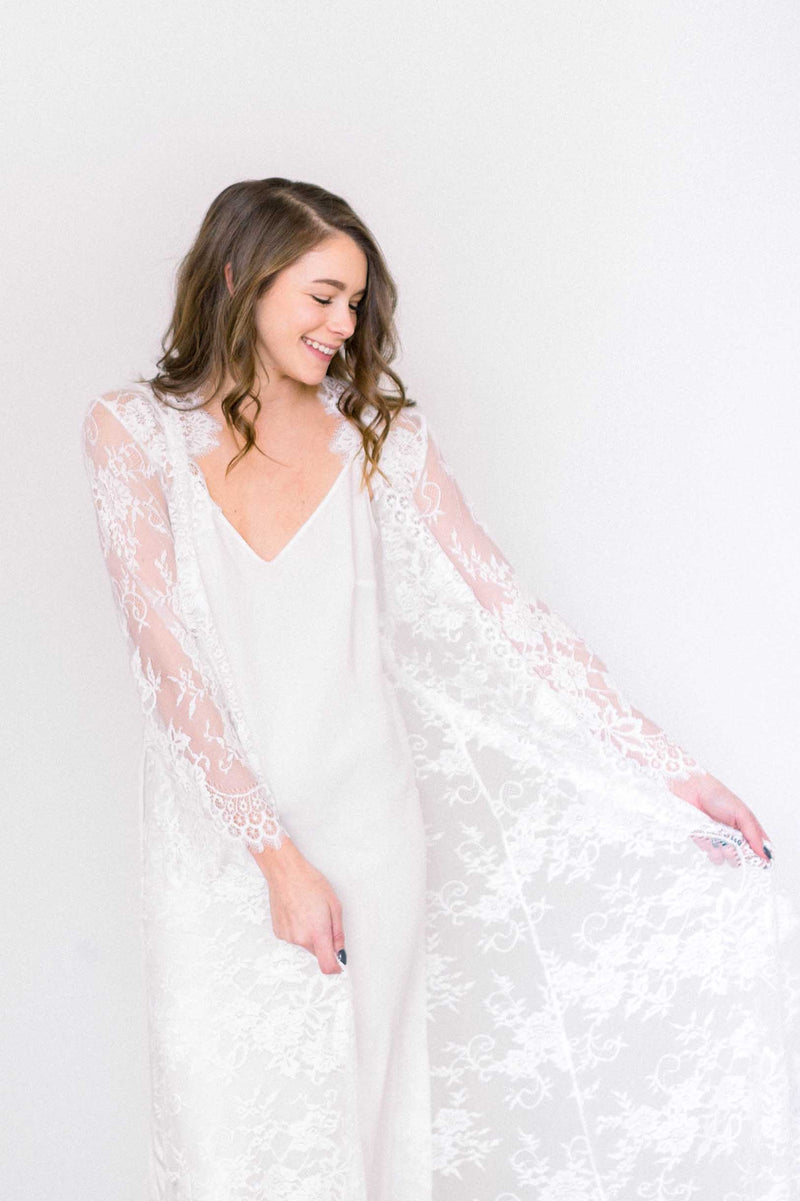 Swan Queen long bridal lace robe gown with scalloped train in Black –